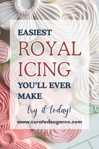Pin design for a baking blog, reading Easiest royal icing you'll ever make